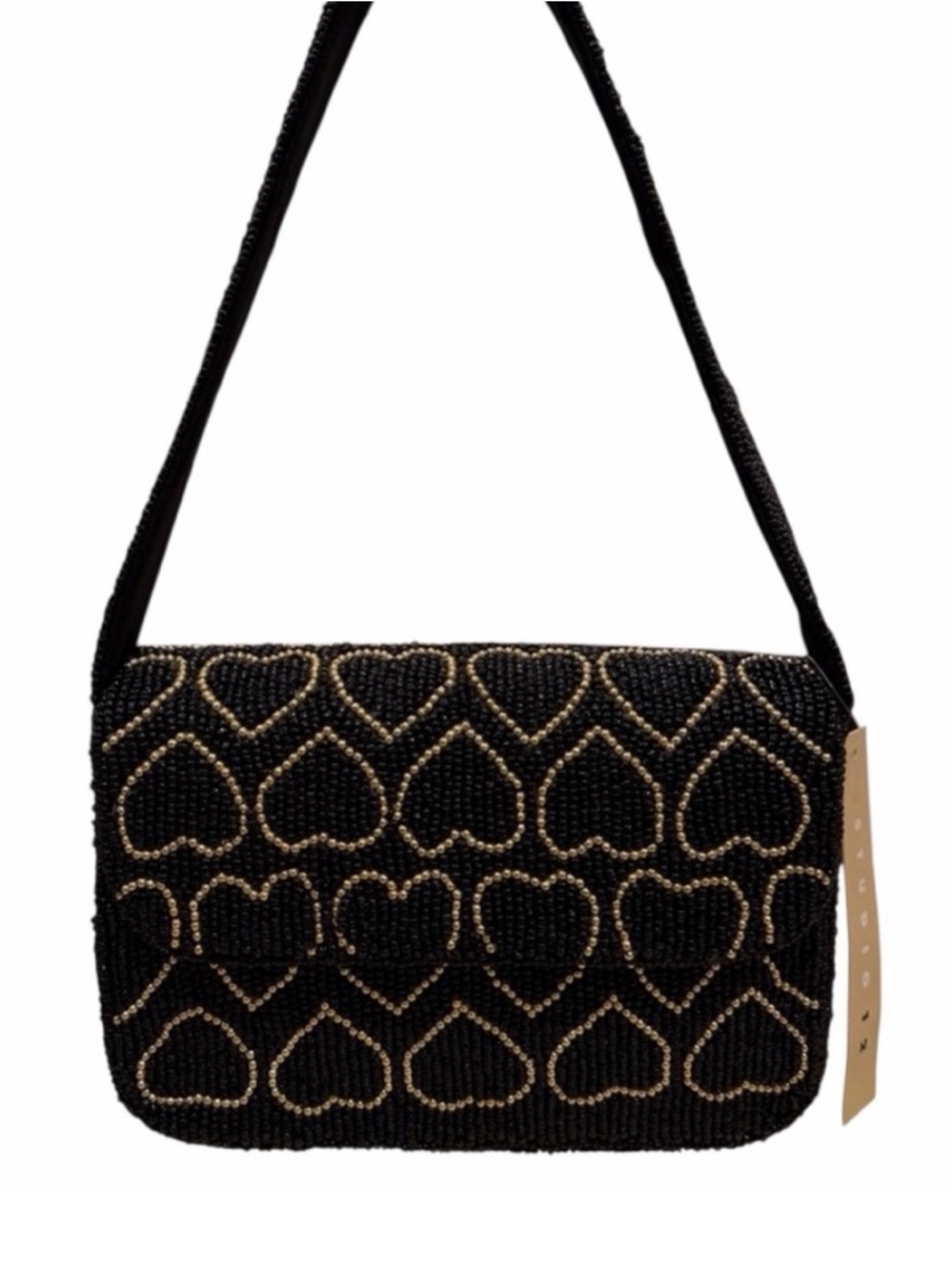 NWT Studio12 Handmade in India Black and Gold Beaded Hearts
Shoulder Bag